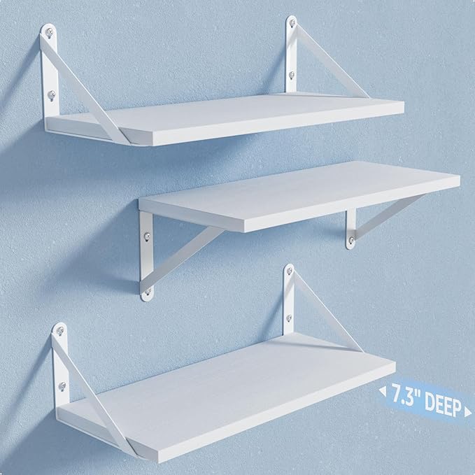 COCOYA Wall Shelves 7.3" Deep Set of 3, Solid Paulownia Wood Wider Longer Sturdy Easy to Install Wall Mounted Bookshelves Storage Shelves Bathroom Storage Office Laundry Room Bedroom Organizer White