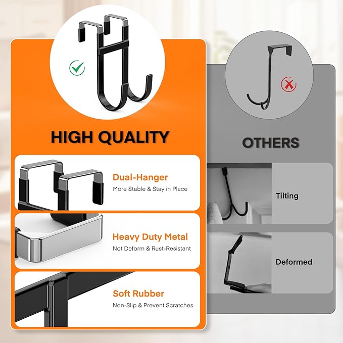 FYY Over The Door Hooks - 2 Pack Heavy Duty Double-Hanger Organizer for Bathroom Bedroom Dorm, Hanging Clothes Towels Hats Bags Ironing Board Wreath Robe - Fits Interior Doors Up to 1 3/8" Black