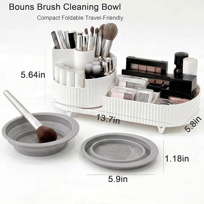 360 Rotating Makeup Organizer for Vanity Large Capacity Cosmetic Organizers with Makeup Brush Holder,Bathroom Counter Organizer and Vanity Organizer,Includes Collapsible Makeup Brush Cleaning Bowl