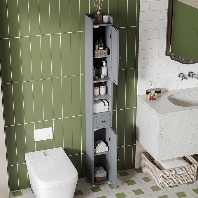 ChooChoo Narrow Bathroom Storage Cabinet with Adjustable Shelves, Tall Storage Cabinet with 2 Doors and 1 Drawer, Freestanding Cupboard for Small Spaces, Grey