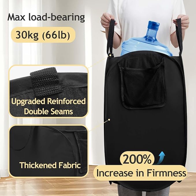 House Again Upgraded Polyester Pop-up Laundry Hamper, 70L (18.5 Gal) Laundry Basket with Durable Handles Solid Bottom High Carbon Steel Frame and Side Pocket, Easy to Open and Fold Flat for Storage