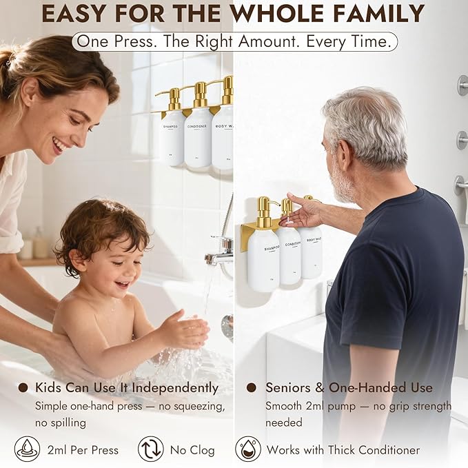 KOUCHU Shampoo and Conditioner Dispenser Set - Wall Mounted Shower Soap Dispenser - 17oz No-Drill Refillable Plastic Pump Bottles for Bathroom Kitchen - Includes Soap Dish and Hook (Gold)