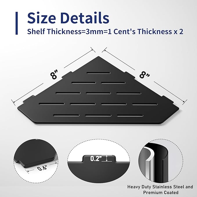 Corner Shower Shelf, 304 Stainless Steel Pentagonal Heavy Duty Floating Corner Sheves, Slot Design Grout in Bathroom Shelf for Tiled Wall 2 Pack(Matte Black, 8"-2 Pack)