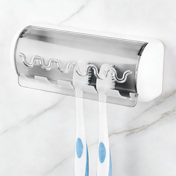 2 PCS Self Adhesive Toothbrush Holder with Cover for Bathroom, 5-Slot Wall Mounted Toothbrush Organizer Rack for Shower, Dorm, Cabinet (Grey)