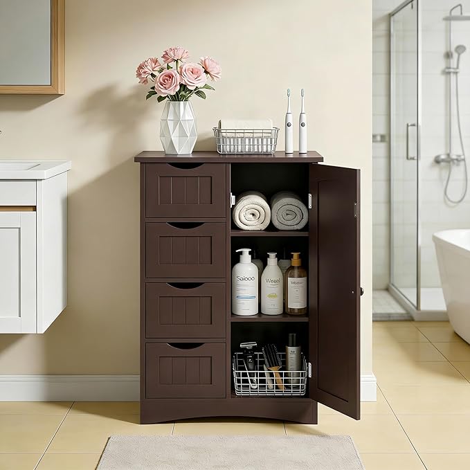 SUPER DEAL Bathroom Storage Cabinet with 4 Drawers and 1 Cupboard, Entryway Home Decor Furniture Towels Storage Organizer Unit, Brown