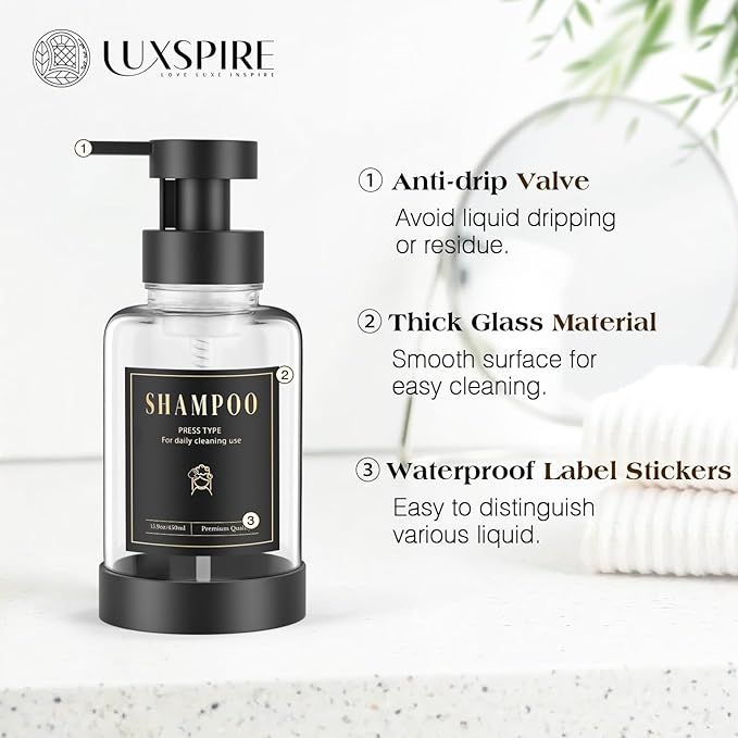 Luxspire Foaming Soap Dispenser, Glass Foam Pump Soap Dispenser, Non-Slip Hand Soap Bottle with 5 Waterproof Labels, 15 Oz Refillable Liquid Soap Bottle for Bathroom & Kitchen, Clear, 2 Pack