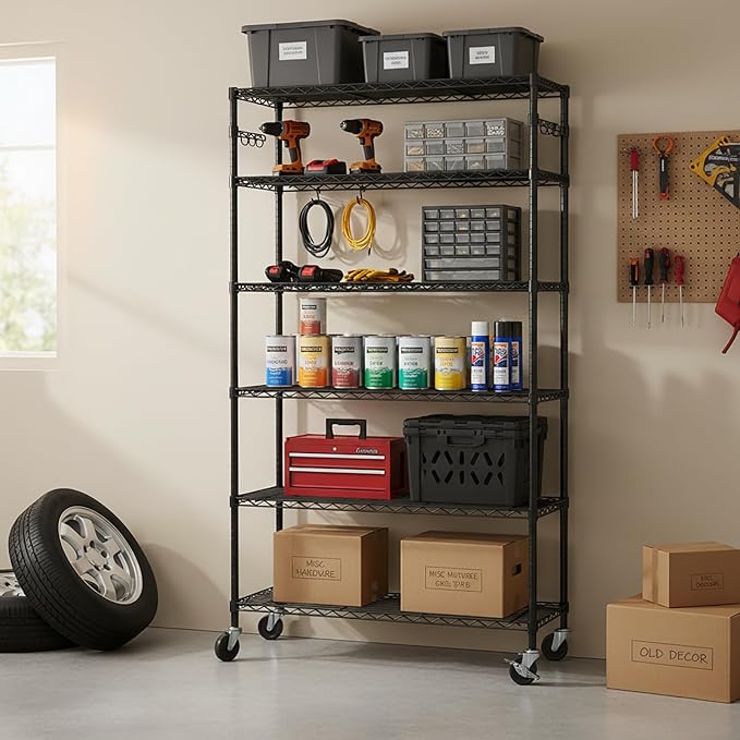 Folews 6-Tier Metal Storage Rack with Wheels, NSF Sturdy Adjustable Wire Shelving Unit for Garage Kitchen Pantry Laundry Room, 36" W x 14" D x 75" H Large Rolling Organizer Shelf Easy Assembly, Black
