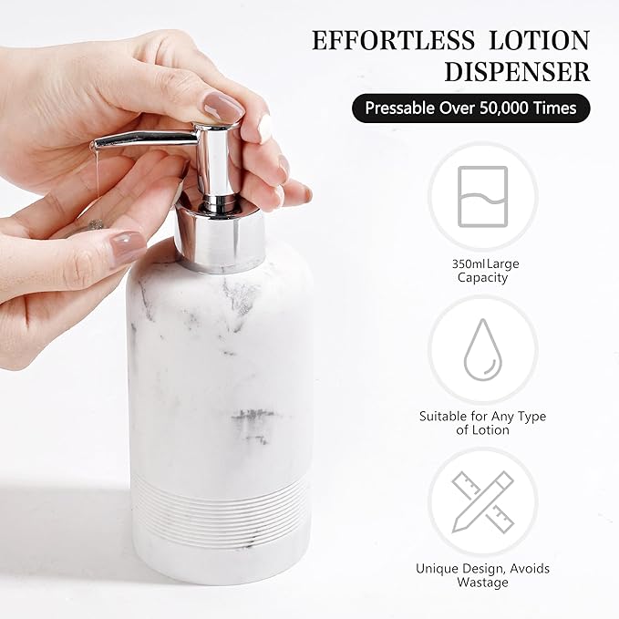 YMXYJM 2pcs/Set Hand Soap Dispenser Sets - 10.8oz Refillable Resin Liquid Soap Dispensers with Rust-Proof Pump for Bathroom Countertop or Kitchen, Marble White