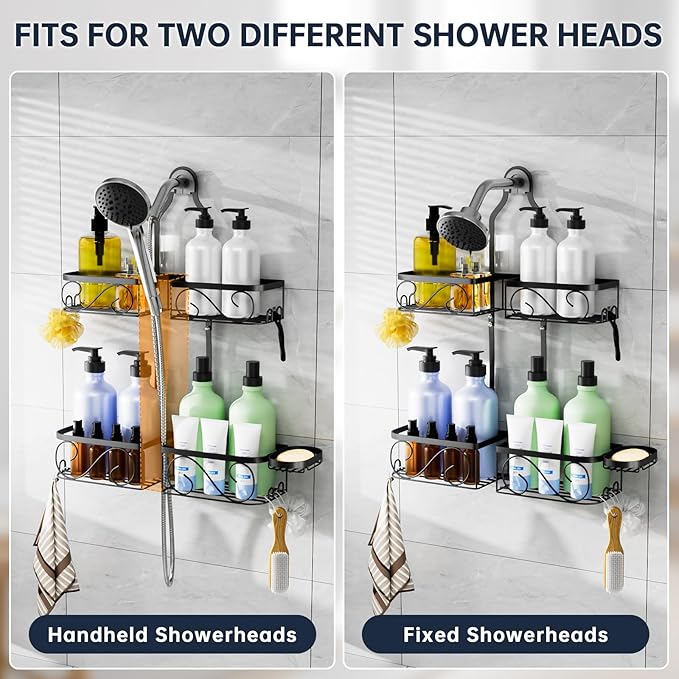Stainless Steel Shower Caddy Hanging for Handheld Showerheads,Never-Rust Shower Organizer,Large-Capacity Bathroom Organizer Rack with Soap Dish and Hooks for Razor/Sponge,Black