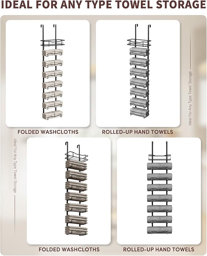 Aetyord Hanging Towel Racks for Bathroom No Drill - Over The Door 8-Tier Bath Towel Storage Organizer for Small Bathrooms - Back Door Large Tiered Towel Holder Hanger for Rolled Towels RV Camper BLACK