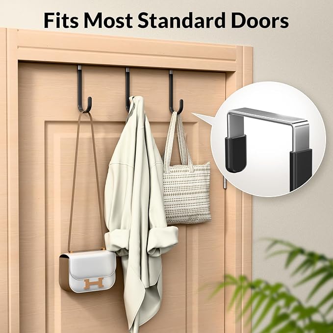 4 Pack Door Hooks for Hanging Clothes & Towels, Heavy Duty Over The Door Organizer Rack for Purses, Hats, Fits Most Standard Interior Doors (Up to 1.4")