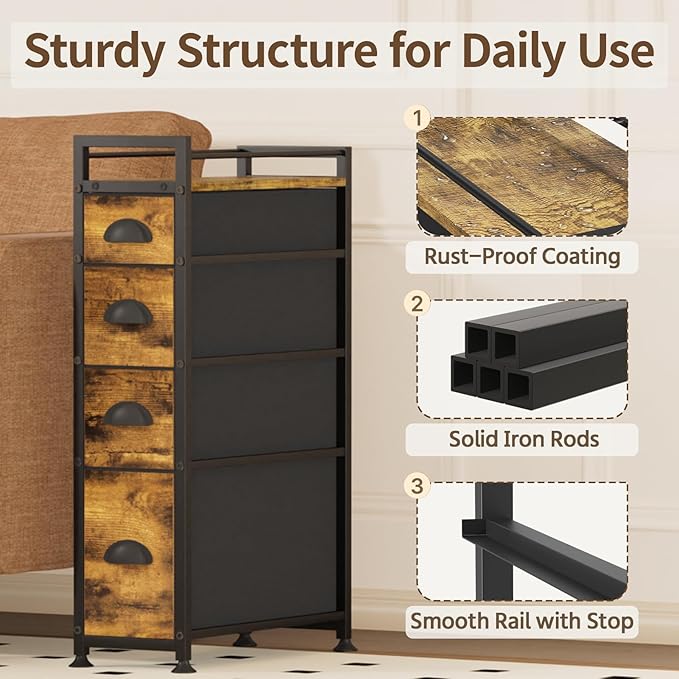 LASZOLA 4 Drawer Narrow Dresser Slim Cabinet Skinny Storage Tower Chest, Ideal for Small Spaces Bathroom, Between Washer and Dryer, Lightweight Mobile on Wheels, Sturdy Fabric Drawers, Brown