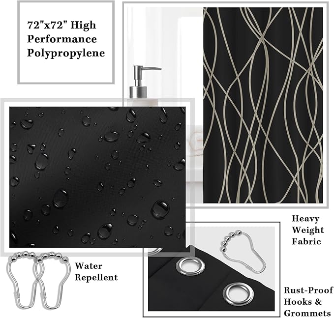 Britimes Bathroom Accessories Set, 19PC Black Shower Curtain Set with Trash Can, Soap Dispenser, Toilet Brush Holder, Toothbrush Holder and Toothbrush Cup for Bathroom Decor