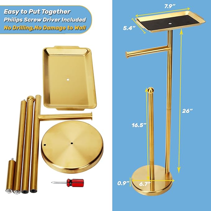 Exilon Toilet Paper Holder Stand for Bathroom Floor Freestanding Toilet Roll Dispenser Storages 4 Reserve Rolls, with Top Storage Shelf for Cell Phone (Brushed Gold)