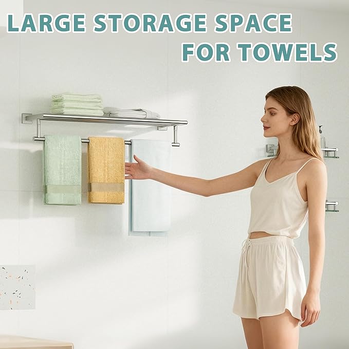 Alise 24 Inch Towel Racks for Bathroom Wall Mounted,Bathroom Towel Rack with Tower Bar,Double Towel Racks for Bathroom,SUS304 Stainless Steel Bathroom Towel Holder Brushed Nickel