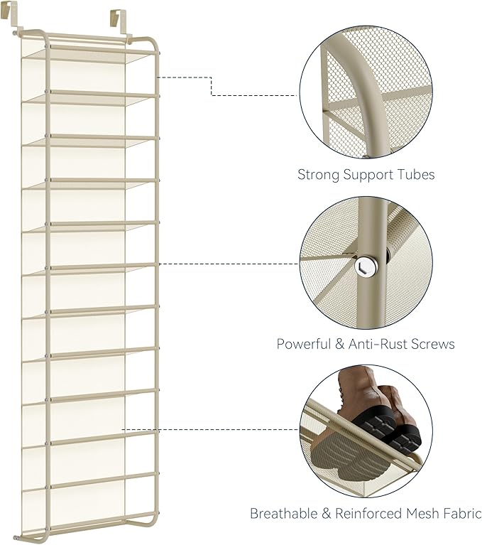 Whitmor 36 Pair Over The Door Shoe Organizer, 12 Tier Hanging Shoe Organizer, Heavy Duty Metal & Mesh Shoe Holder, Hanging Shoe Rack for Closet Organizer & Storage, 74" L x 21.7" W x 7.5" H, Oat