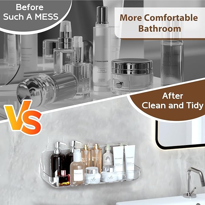 Acrylic Shower Shelves,Self Adhesive Bathroom Shelf No Drilling, Clear Shower Caddy with Adhesive Strips, Drain Holes, Wall Mounted Shower Organizer for Bathroom Storage, Large