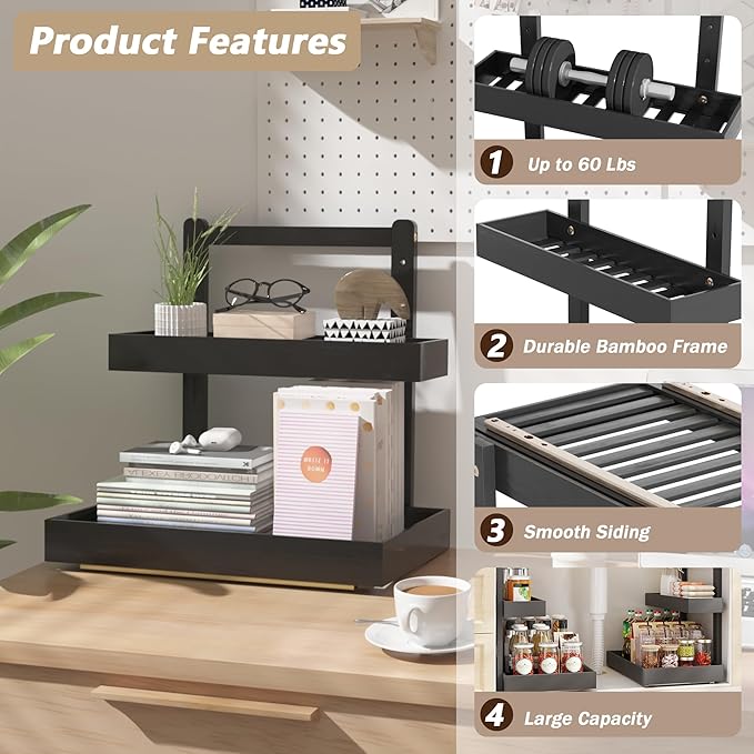 Bamboo Under Sink Storage 2 Tier Pull Out Cabinet Organizer Slide Out Under Sink Storage Shelf Undersink Organizers Shelves for Kitchen Bathroom Organization (Black, 2 Packs)
