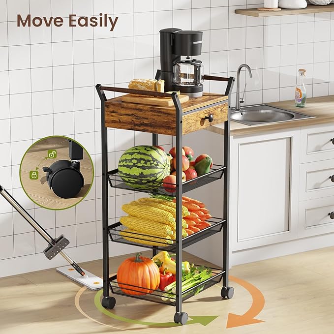 Asgolion Large Fruit Vegetable Storage Cart, 5-Tier Kitchen Rolling Cart with Wheels & Drawer, Metal Wire Storage Basket Organizer Baskets for Kitchen, Pantry, Bathroom