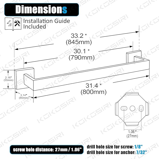 KOKOSIRI 32-Inch Single Towel Bar, Bathroom Kitchen Towel Holder, Wall Mounted SUS304 Stainless Steel Towel Rack, Matte Black, B4003BK-L32