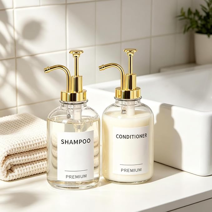 12oz Dish Soap Dispenser for Kitchen, Hand Glass Soap Dispenser Set with Pump, Tray, Funnel for Bathroom, Shower, Laundry, Liquid, Lotion (Gold 2 Pack Clear Bottles with 12 Stickers)