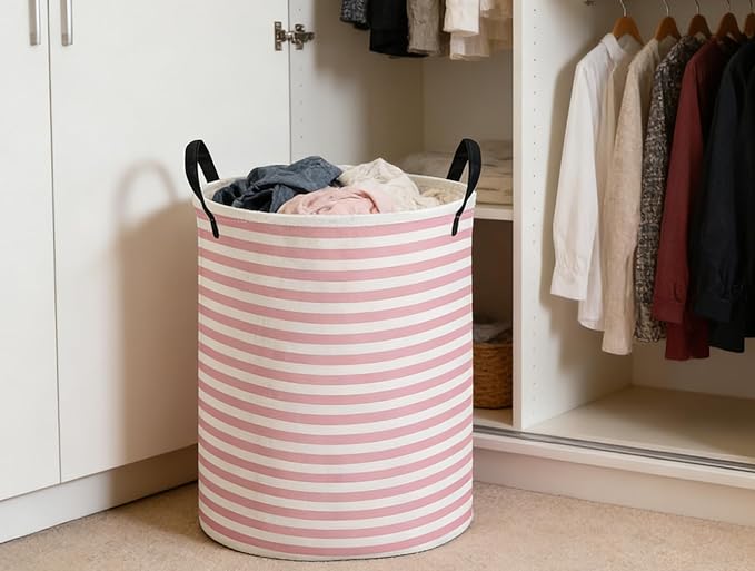 ESSME Kids Laundry Basket,Pink Hamper Collapsible Canvas Waterproof Storage Bin for Girls, Cute Hamper,Gift Baskets(Pink stripes)