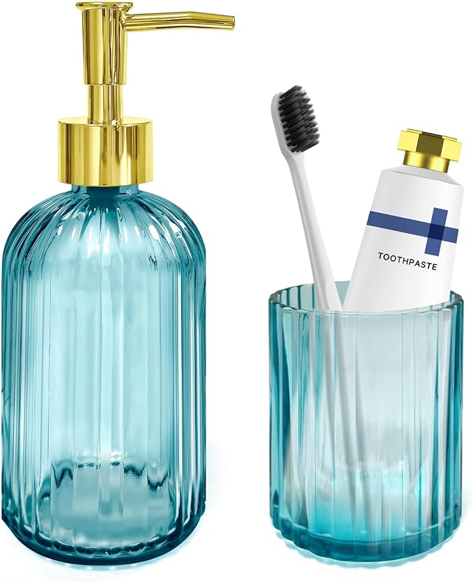 2 PCS Teal Blue and Gold Glass Bathroom Accessory Sets, Blue Bathroom Set, Soap Dispenser and Toothbrush Holder Set for Modern Bathroom Decor
