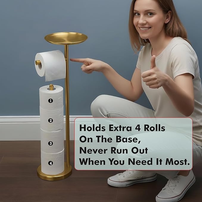Freestanding Toilet Paper Holder with Shelf, Gold Toilet Paper Stand with Storage Tray and Space for 4 Extra Rolls