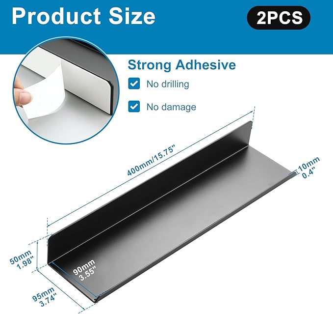 SAYAYO Black Floating Shelves for Wall Storage, 16 Inch Adhesive Wall Shelves for Bedroom Decor, Small Display Bathroom Shelf Organizer for Kitchen, Living Room, Office, 2pcs