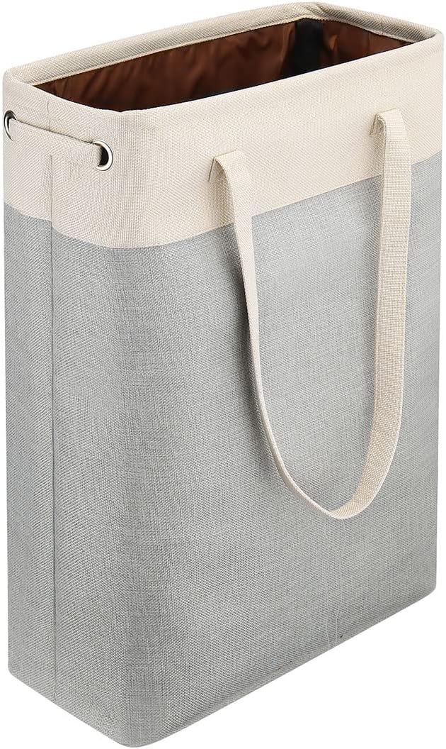 Laundry Basket with Handles Beige&Silver Slim Laundry Bin Collapsible Dirty Clothes Basket Narrow Laundry Bag Foldable Dirty Hamper for Camping, Dorms, Apartments
