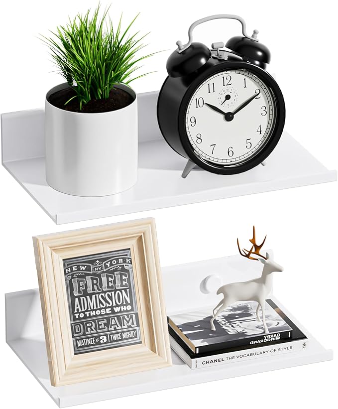 Wisfame Small Floating Shelves for Wall, Metal Adhesive Wall Shelf 2 Pack, Modern Display Shelf for Living Room, Bedroom, Bathroom Decor (White, 8 Inch)