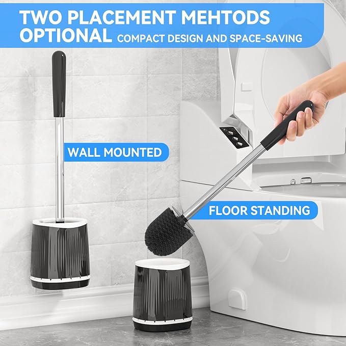 TRENTI Toilet Brush, Toilet Brush and Holder Set, Bristles Toilet Bowl Brush Head with Ventilated Holder, Wall Mounted Compact Toilet Brush Set for Bathroom Deep Cleaning (1, Black)