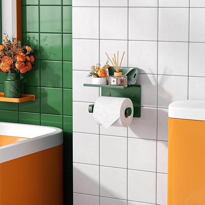 Tindbea Toilet Paper Holder with Shelf Adhesive or Screw Wall Mounted Toilet Paper Roll Dispenser Storage, Stainless Steel Bathroom Shelf Holder Accessories (Forest Green)