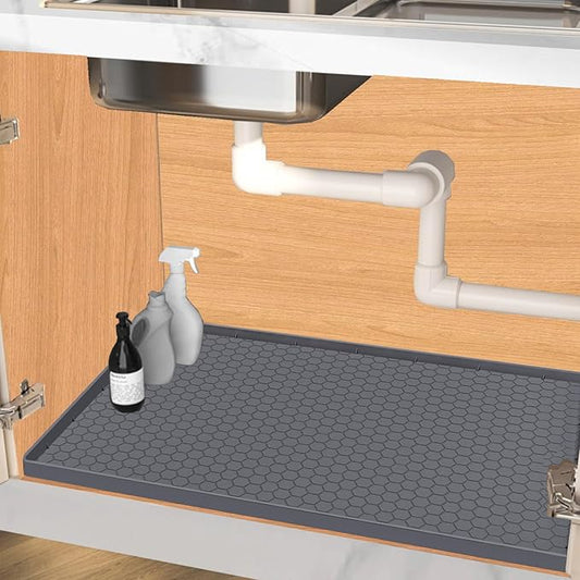 Under Sink Mat 34 x 22 for Kitchen Waterproof, Silicone Under Sink Liner Mat for Bottom of Kitchen Sink, Easy to Clean Bathroom Cabinet Mat Organizers and Storage, Grey