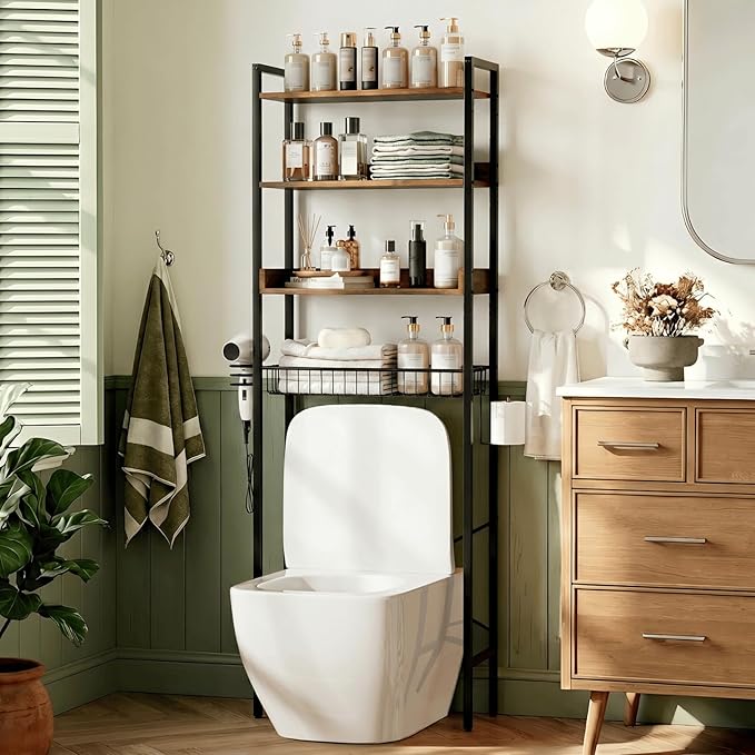 VINGLI Over The Toilet Storage, 4 Tier Industrial Bathroom Organizer Over Toilet with Wire Basket, Adjustable Freestanding Bathroom Space Saver Shelf with Paper & Hair Dryer Holder, Rustic Brown