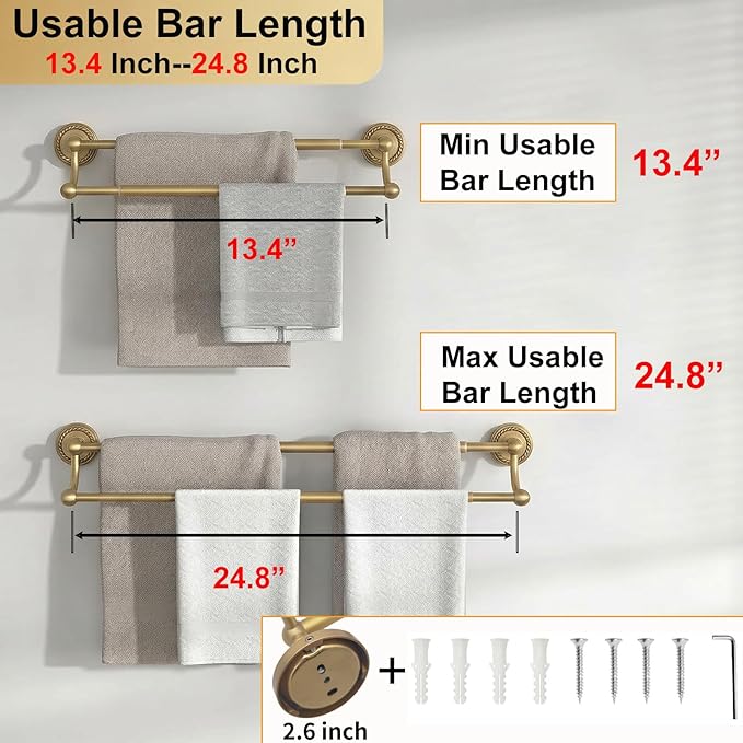 Double Towel Bar, Antique Brass Bathroom Towel Racks Wall Mounted, Adjustable Vintage Gold Towel Bar 13.4-24.8 Inch Usable Bar Length, Heavy Duty Rustproof Brass Towel Rod Holder for Bath
