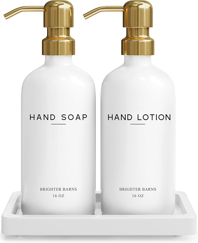 Luxury Glass Soap and Lotion Dispenser Set with Tray by Brighter Barns - Hand Soap Dispenser Bathroom Set & Stainless Steel Pump for Home or Airbnb - White and Gold Bathroom Accessories & Decor (Gold)