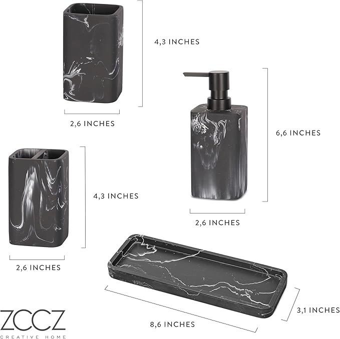 ZCCZ Bathroom Accessory Sets, 4 Pieces Bathroom Accessories Complete Set Vanity Countertop Accessory Set, Includes Lotion Dispenser Soap Pump, Tumbler, Toothbrush Holder and Tray (Black Marble Look)
