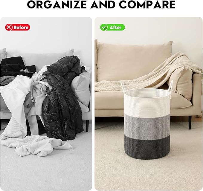 Laundry Basket Hamper Tall Rope Storage Woven for Blanket toys Dirty Clothes in Living Room Bathroom Bedroom (Gradient Grey, 80L/21.3Gal)
