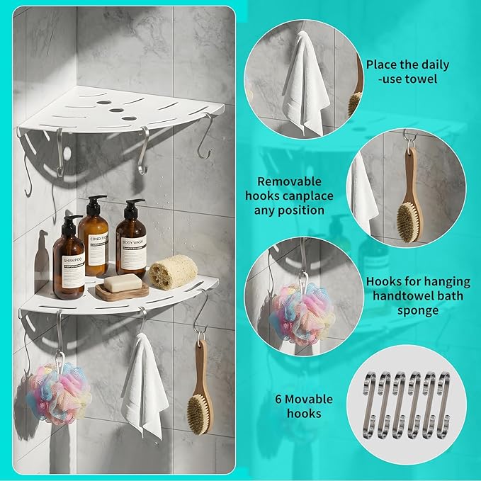 2 Pack Corner Shower Shelves, 304 Stainless Steel Corner Shelf Bathroom with 6 Hooks 40 lbs Heavy Duty, Durable for Inside Shower Brushed Nickel Drilling Installation（White