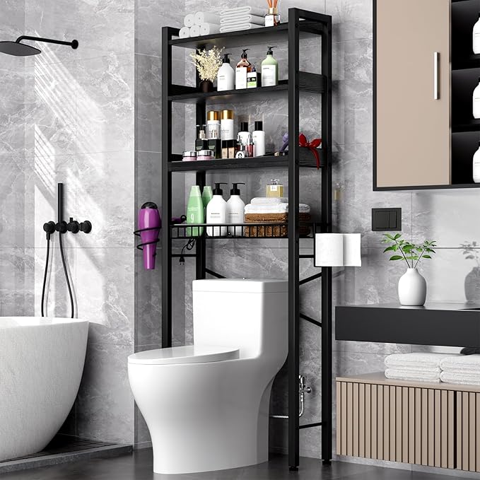 Over The Toilet Storage Cabinet,4 Tier Bathroom Organizer and Storage With Adjustable Shelf Waterproof Feet Pad and Basket Multifunctional Space Saver Freestanding Bathroom Shelves With Dividers Black