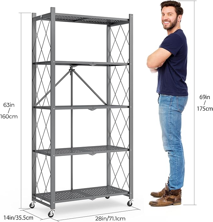 Folding Metal Storage Shelf 5 Tier with Wheels Heavy Duty Utility Rack Foldable Design 750lbs Capacity Adjustable Standing Shelf Organizer for Kitchen Garage Living Room(Gray-A, 5-Tier)