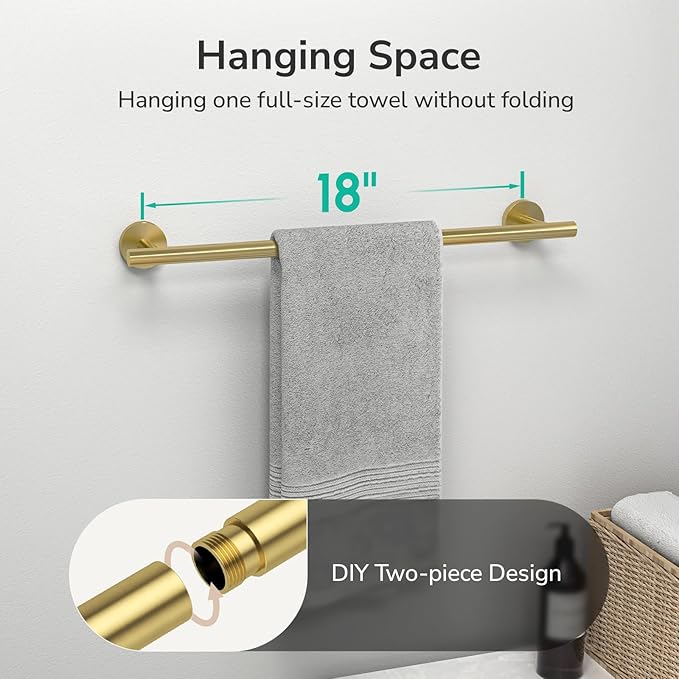 USHOWER Brushed Gold Towel Bar, 18-Inch Towel Racks for Bathroom Wall-Mounted, Thicken SUS304 Stainless Steel Towel Rod (Total Length 20-Inch)