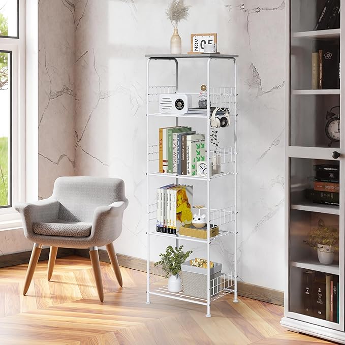 5 Tier Metal Wire Storage Rack with Wooden Top, Versatile Utility Organizer with Casters for Laundry Pantry Bathroom, Kitchen Organizers and Storage Shelving Unit Rolling Utility Carts, Grey