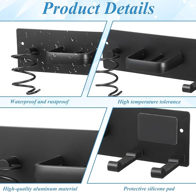 Hair Dryer Holder Wall Mounted 3 in 1 Bathroom Hair Tool Organizer Rack with Curling Iron Holder & Flat Iron Holder Blow Dryer Holder for Universal Dryer, Matte Black
