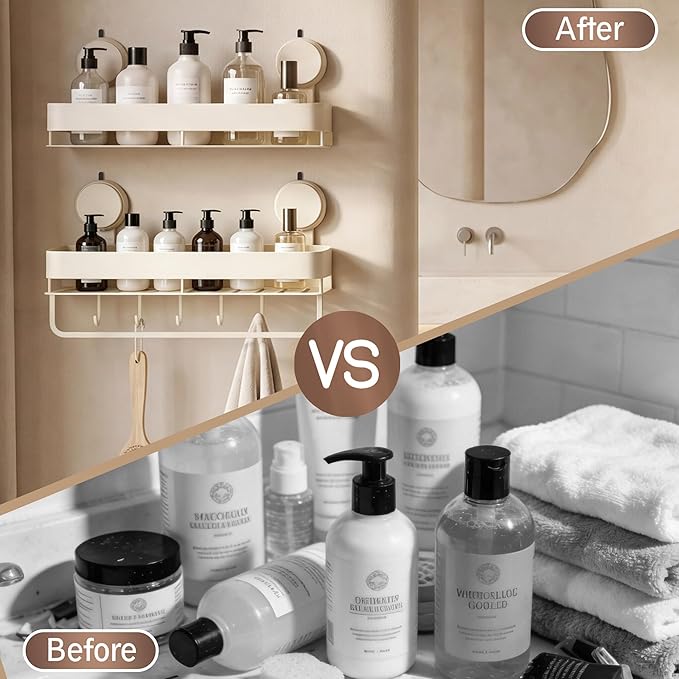 Wide Aluminum Suction Cup Shower Caddy(2-Pack Cream White),Shower Shelves for Bathroom Wall,Wall Mounted Bathroom Shelves with Towel Bar & Hooks