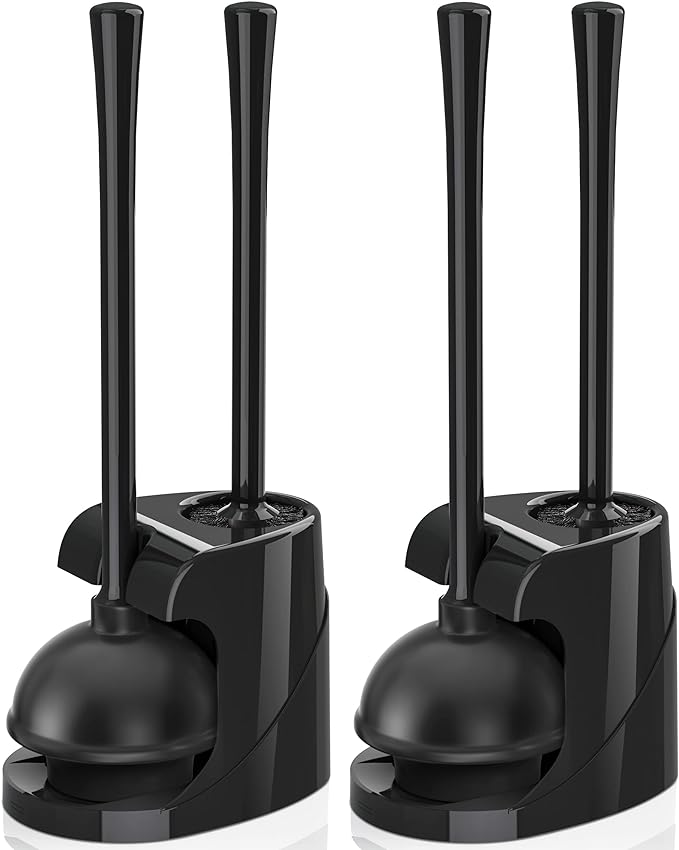 Toilet Plunger and Brush, Bowl Brush and Heavy Duty Toilet Plunger Set with Ventilated Holder, 2-in-1 Bathroom Cleaning Combo with Modern Caddy Stand for 5.7-inch Toilet Drain(Black, 2 Set)