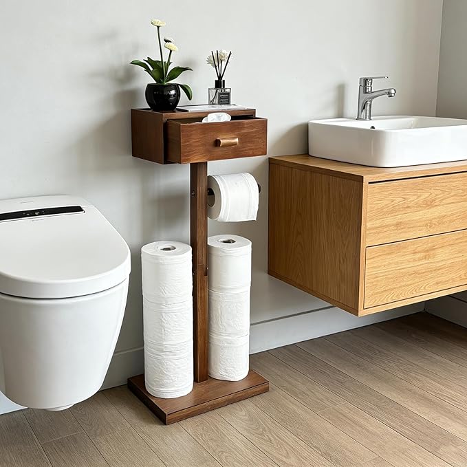 Freestanding Bathroom Toilet Paper Holder Stand with Shelf, Bamboo Toilet Paper Roll Holder with Wet Wipes Storage Drawer(Brown)