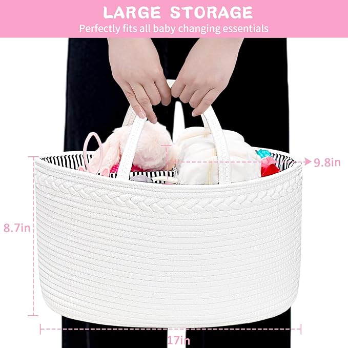 ABenkle X-Large Diaper Caddy Organizer, Boho Rustic Cotton Rope Nursery Baby Basket, Changing Table Organizer for Baby Diaper Storage and Baby Shower