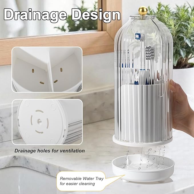 Rotating Toothbrush Holders with Cover, Dustproof Toothbrush Holder with Sliding Lid Electric Tooth Brush and Toothpaste Organizer for Bathroom, Makeup Brush Holder for Vanity, White